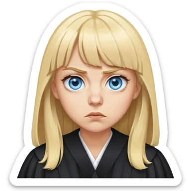 Very Angry with blue eyes, blonde hair with bangs, circles under her eyes from being tired in a black judges robe sticker