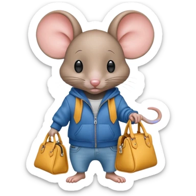 A fashionable mouse in wide jeans and a zip hoodie with a Balenciaga bag sticker