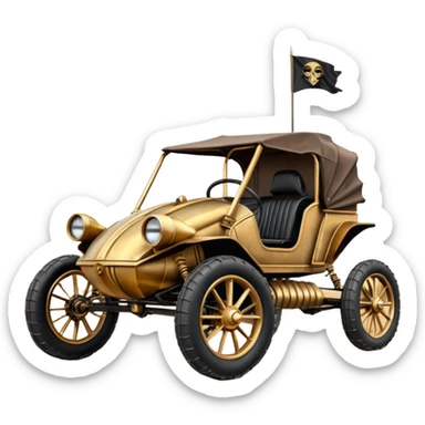 Old American West tarnished C-3PO bounty hunter 1854 delicately ornate rosegold accents painted dune buggy buckboard wagon powered by electric motors and batteries with safety features and belts flying rapidly across rough dusty terrain stable on strong agile futuresteampunk suspension and steering  sticker