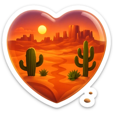 Add a sunset with warm colors inside the clear glass heart, with a glowing orange and pink sky above the desert scene. Preserve the glass look and no background. sticker