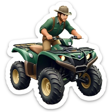 Yamaha Grizzly 700 (2019) – Cinematic-realistic Yamaha Grizzly 700 ATV, its dark green frame tearing through muddy trails. Thick off-road tires grip the rugged terrain as a farmer rides across the paddock, herding cattle with precision under a golden sunset. sticker