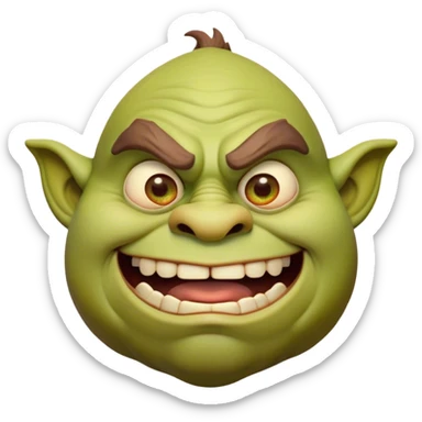 Cinematic Comical Ogre Portrait Emoji, with a strikingly exaggerated, bulky figure in vivid earthy greens and browns, head tilted in a dramatically surprised expression with wide, comically bulging eyes and a goofy, oversized grin, simplified yet hilariously exaggerated, highly detailed with a soft, cartoonish glowing outline capturing the playful absurdity of a meme-worthy ogre! sticker
