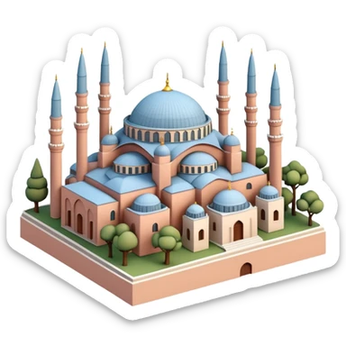 Isometric miniature of Istanbul, centered on Hagia Sophia with domes and minarets, surrounded by a few low-rise buildings and greenery, in pastel diorama style, soft shading. sticker