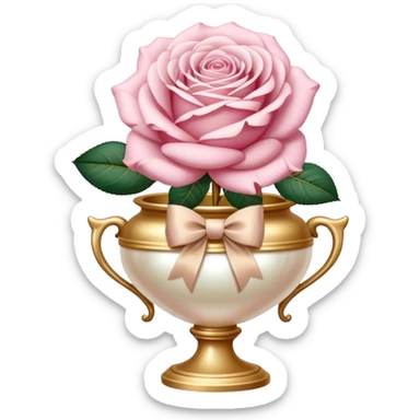 Realistic aesthetic powder pink rose in a pearl vintage vase and a beige bow with gold decoration  sticker