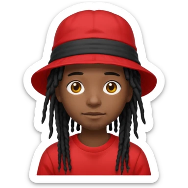 dark brown skin, black hair dreadlocks, wear red t-shirt, black bucket hat sticker
