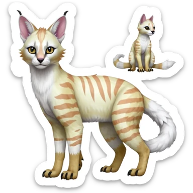 Realistic Colorful pale light fruity pastel white glorious iridescent exotic albino neon vibrant zigzagged fantasy-caracal-civet-genet-sergal-vernid-Gryphon-Cacomistle-Trico-oncilla-animal-Fakémon-hybrid-fursona (full body), facial markings, (realism style) sticker