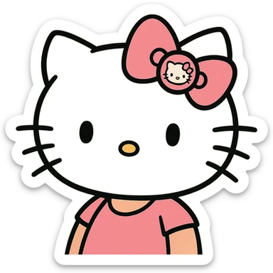 playful Hello Kitty hair pin, vibrant colors, cartoon style, Hello Kitty's face with a big pink bow sticker
