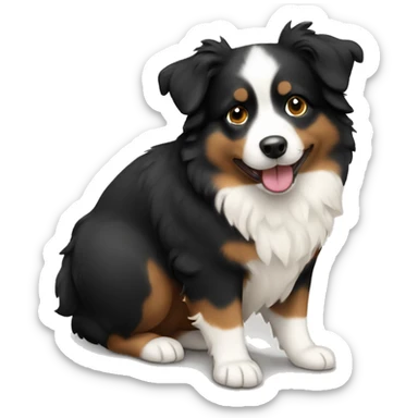Chubby mini Aussie that is mostly black but has a little white and tan sticker