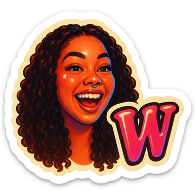 excited smiling
add the words W in pink sticker
