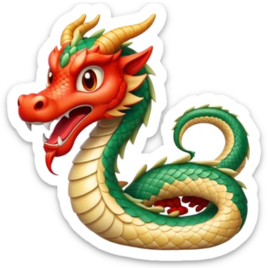 Cinematic Comical Chinese Serpent Dragon Portrait Emoji, Head tilted dramatically with an exaggeratedly amused expression, featuring a sleek, serpentine form adorned in luminous jade and vermilion scales interlaced with playful cloud and water accents; rendered with vibrant, lifelike textures and dynamic natural shadows, high shine, playful yet wise, styled with an air of cheeky ancient mystique, soft glowing outline, capturing the essence of a spirited and humorously enigmatic celestial dragon that looks ready to spiral into legendary lore! sticker