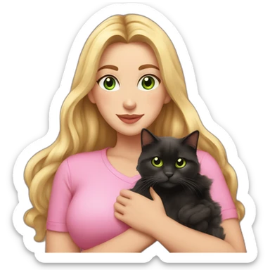 woman with green eyes and long wavy blonde hair and big boobs in a pink shirt is holding a very fluffy and fat black and tortoiseshell cat sticker