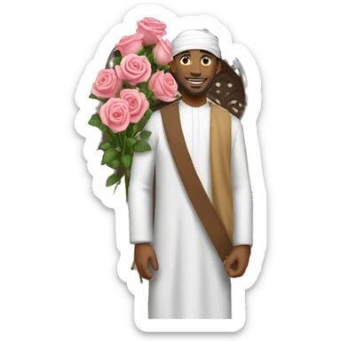 A man entering a mosque with a bunch of roses in his hand sticker