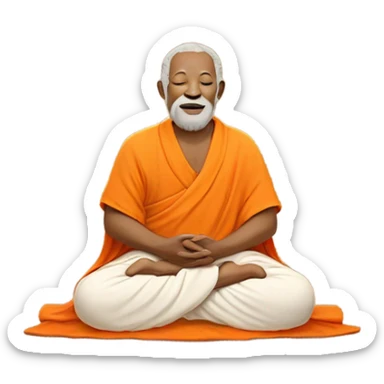 an old yogi with a peaceful and meditative expression. The character should be wearing an orange robe, symbolizing traditional yogic attire. The yogi can be sitting in a lotus position with closed eyes, a gentle smile, and a serene aura. sticker