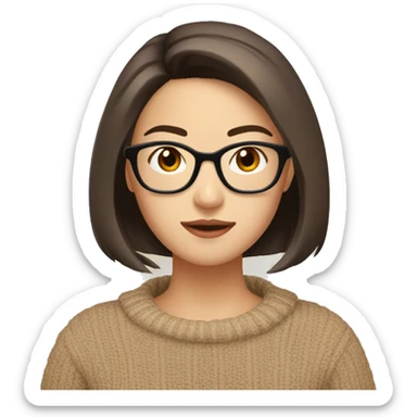 a young pretty asian woman, brown short hair, brown eyes, beige and dark red knit sweater, textured bob, asian,glasses sticker
