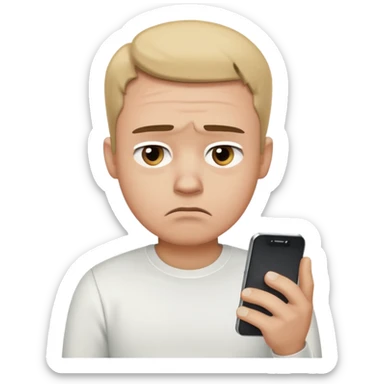 A sad-looking cartoon man holding a smartphone, staring at the screen with worried eyes and a frown, wearing a white shirt. sticker