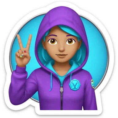 Hooded Vault Pioneer saluting with two fingers, neon purple-cyan glow, badge on chest, emoji style sticker