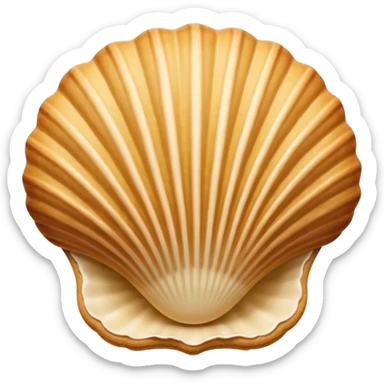 A madeleine pastry. Oval seashell shape with ONLY four to five vertical lines going in the same direction. Light golden brown. Scalloped edge. Cookie. Flat. Long. Oval shape. Lets scallops. sticker