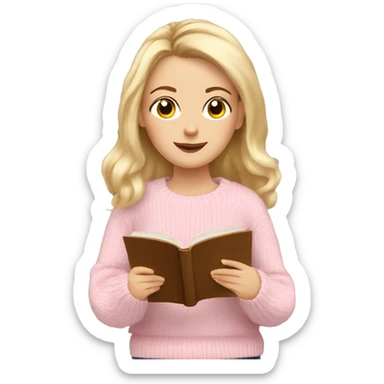 Pretty hazel eyed white girl with light pink sweater reading cozy sticker