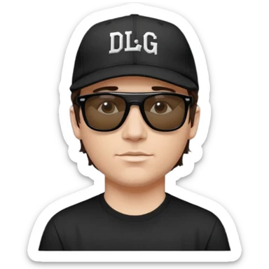 Emoji of a white man with short dark brown hair under a black baseball cap, wearing a black t‑shirt and 1980s‑style black Ray‑Ban rectangle sunglasses black lenses, with black musical notes floating around his head,  word "DLG" written on the hat sticker