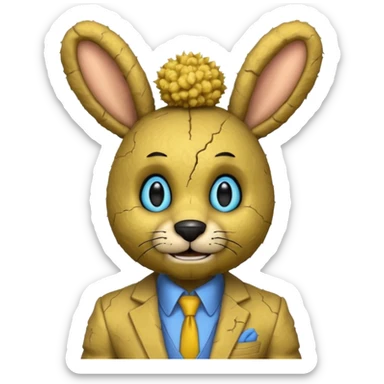 springtrap yellow damage hare suit with hare ears blue eyes with strands of 3C afro textured hair size of a small toothpick sttcking up sticker