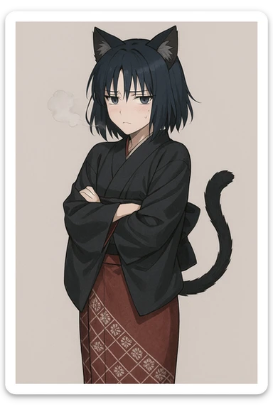 Ryougi Shiki with cat ears and cat tail, looking cold, wearing her signature outfit sticker