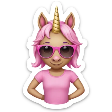 friendly anthropomorphised female unicorn with horse-like face, in tutu and pink t-shirt, wearing dark sunglasses, relaxed pose, close-crop head and shoulders sticker