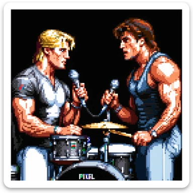 a SNES box art image of dolph lundgren on the mic and sylvester stallone on the drums cutscene graphic - 3/4 side perspective sticker