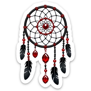 Blood-red, bloody, obsidian-black, edgy, dream catcher, red gemstones, black wires, black threads, tiny white skulls, sticker