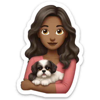 Young dark brunette medium kin hair woman with a golden shih tzu in her arms long wavy hair sticker