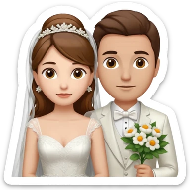 A woman with long brown hair and fair skin, wearing her hair , dressed in a wedding gown with a veil. And a man with short brown hair and fair skin (without a mustache), wearing a white suit with a flower.
 sticker