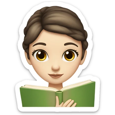 Girl with brown hair in a low bun, wispy bangs, green eyes, pale skin, reading a book sticker