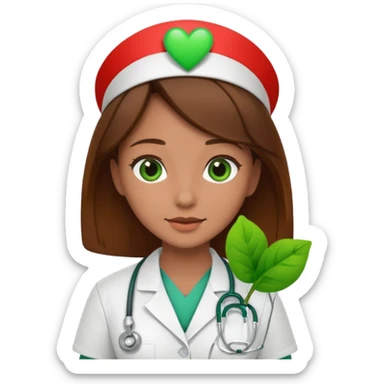 Brown hair Nurse with green heart and plant surround her  sticker