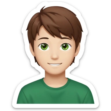 the face of an Anime asian style teen boy with brown hair, green eyes, looking smiling slightly sideways positioned. Face must be main filling of the emoji.  128px sticker