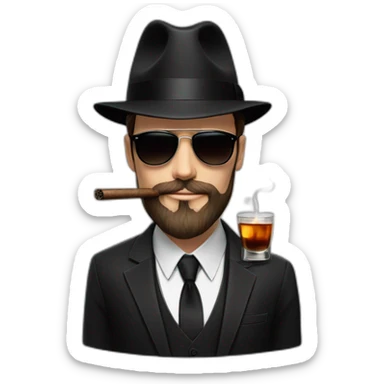 young white male adult with dark hair and beard, black fedora hat, black ray ban sunglasses, three pieces dark costume and tie smoking a cigar with a glass of whisky in the hand sticker