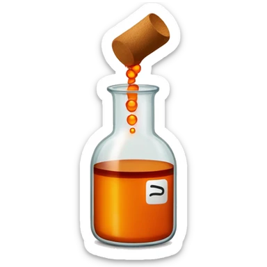Redish Brown Bromine with an orange aroma in a circular beaker with a tan cork in the top of the beaker sticker