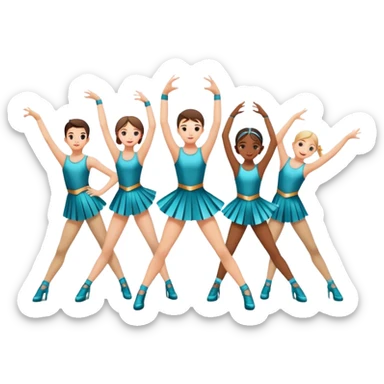 "Icon for Contemporary Dance: a synchronized boys and girls group performance on stage with backup dancers, bright stage lighting, and stylish dance outfits. The icon should capture the energy, precision, and excitement of a modern group dance performance. Transparent background. sticker