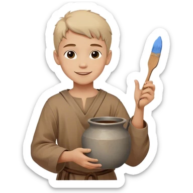 smiling painter boy 14th century with simple brown tunic and pot of paint sticker