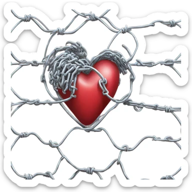 A wall of chain link fencing topped with razor wire forms a circle with a human heart in the middle  of it  sticker