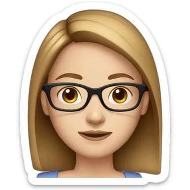 young white woman, brown straight hair, blue eyes, wearing glasses with black frame sticker