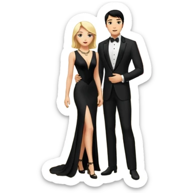 Blonde woman, black, Long, tight, sleveless Dress, Slot left Leg, man, black Hair, in Dinner jacket, Background ballroom sticker