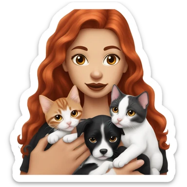 Long Red haired woman with septum piercing holding black and white English Staffordshire puppy and tabby kitten sticker