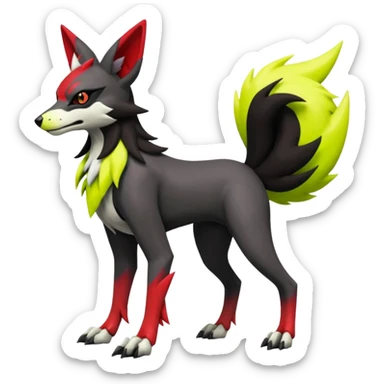Hyper realistic skeletal black and neon green and neon yellow Zangoose-Lycanroc-Zorua-Litten-Houndoom-Fakémon-Pokémon-Digimon-hybrid-fusion (full body) sticker
