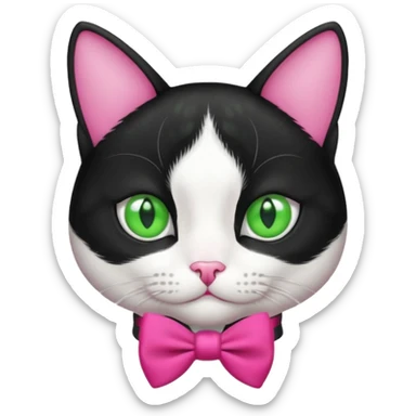 A black and white cat tuxedo breed head with green eyes she has a hot pink bow on her head  sticker