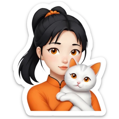 East Asian girl with high ponytail black hair hugging a predominantly white cat with orange patches, sweet and gentle, cute facial expressions sticker