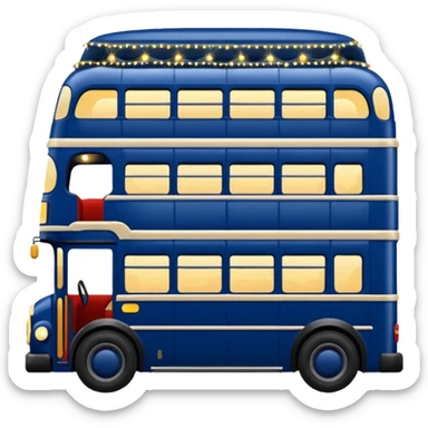 A dark blue double decker bus with cute cosy twinkle lights sticker