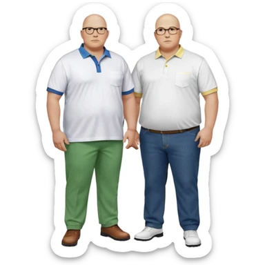 two guys, the first guy is white bald have glases a white dressshirt with rolled up sleeves and green pants he is over weight, The second guy has a yellow skin white golf shirt blue jeans and bald they should stand next to eachother they are both really fat  sticker