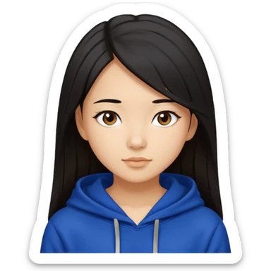 A pretty white/asian tanned girl with medium long strait dark brown almost black hair wearing a royal blue hoodie and black leggings pretty tan sticker