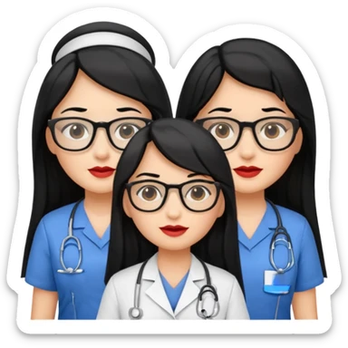 Genera emogis de 4 cuatro enfermeras de cabello negro largo, entre ellas que una tenga lentes y otra un lunar encima de los labios sticker