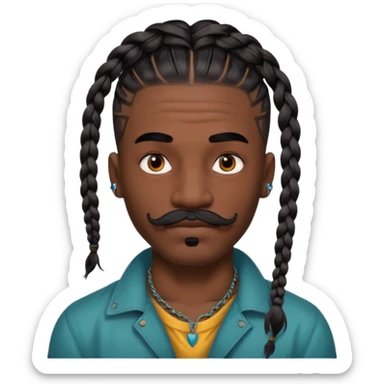 big lose braids starting from the top of the head man with mustache face wiith big visible loose only two braids and lots and lots of colored face tattoos colored tattoos like a tattoo artist hair unique color sticker