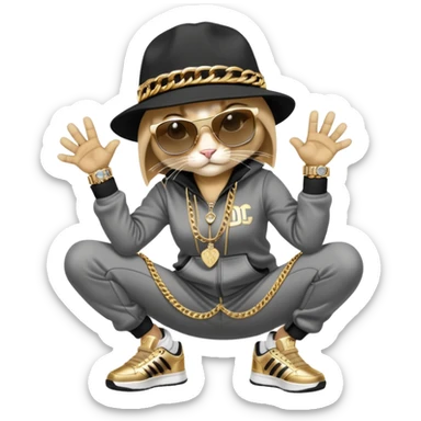 female cat wearing Run DMC hip-hop outfit with tracksuit, fedora, Adidas sneakers, dark sunglasses, many gold chains and bling accessories, break dancing sticker